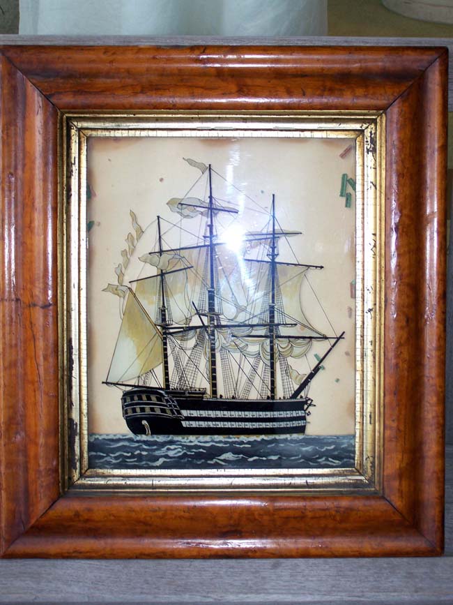 A 19th century Reverse Painting on Glass of a British Man-of-war circa 1850-1870
